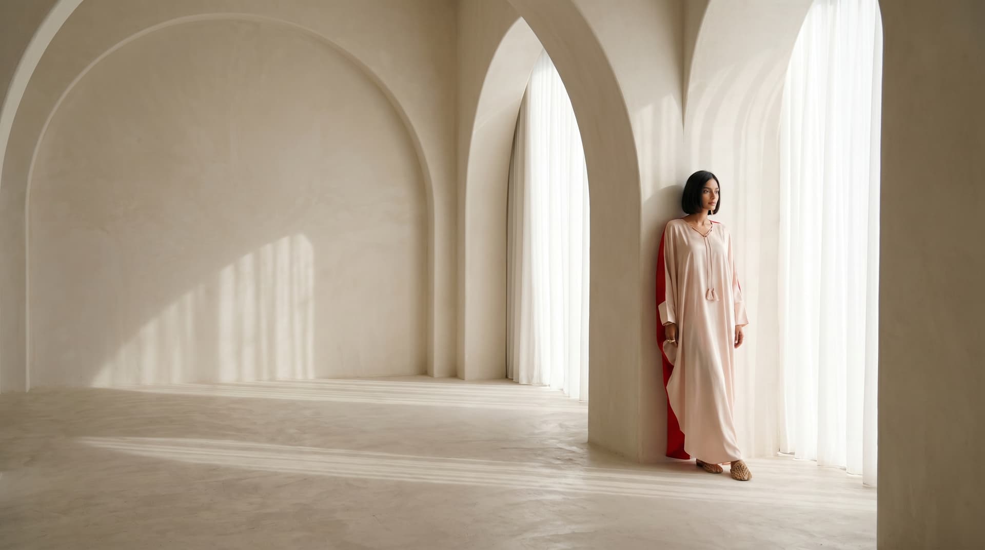 LUNE ESALINA kaftan in blush pink and red, photographed in a bone-white arched interior