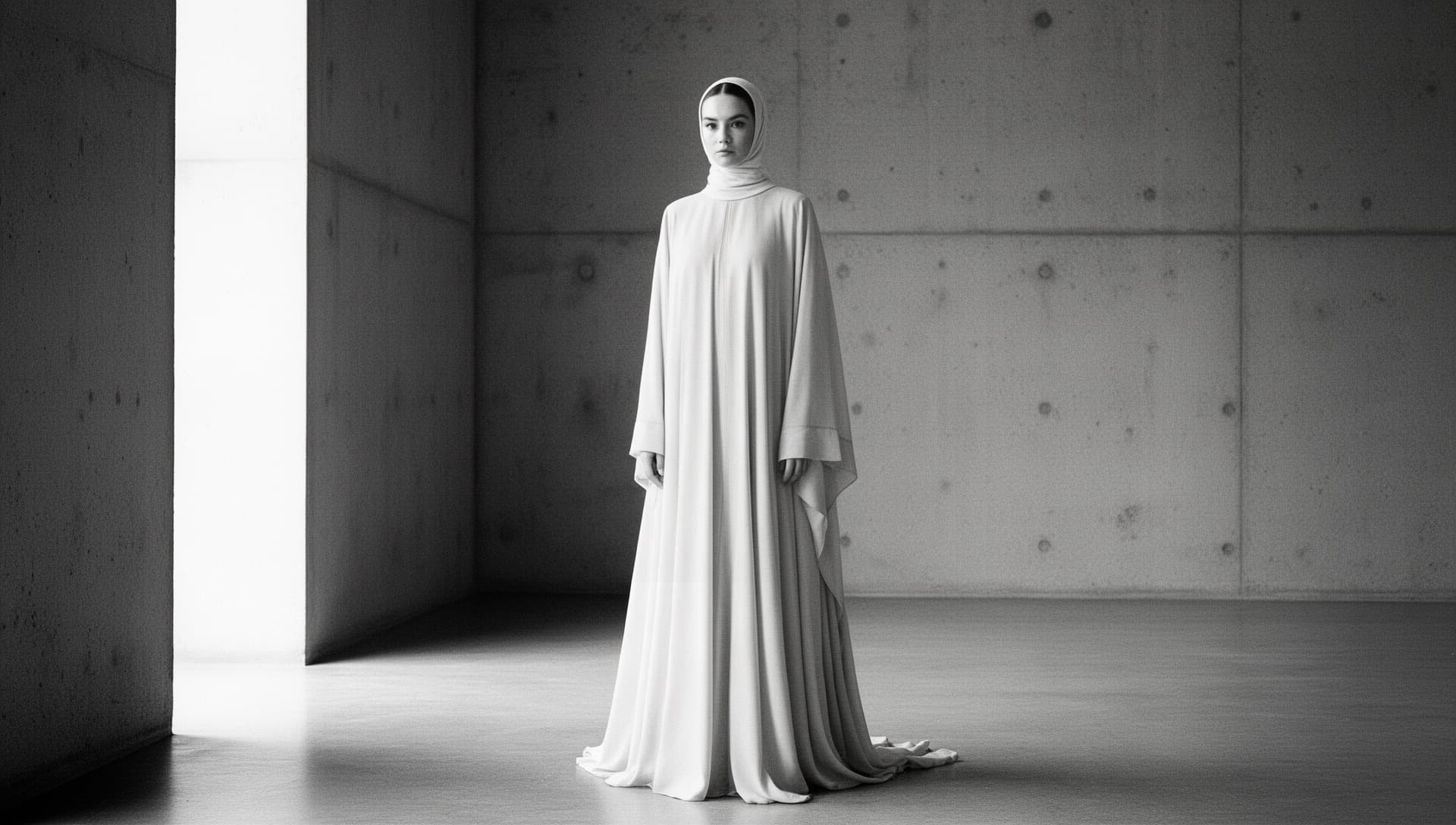 A LUNE abaya, photographed full-length in a minimalist concrete gallery